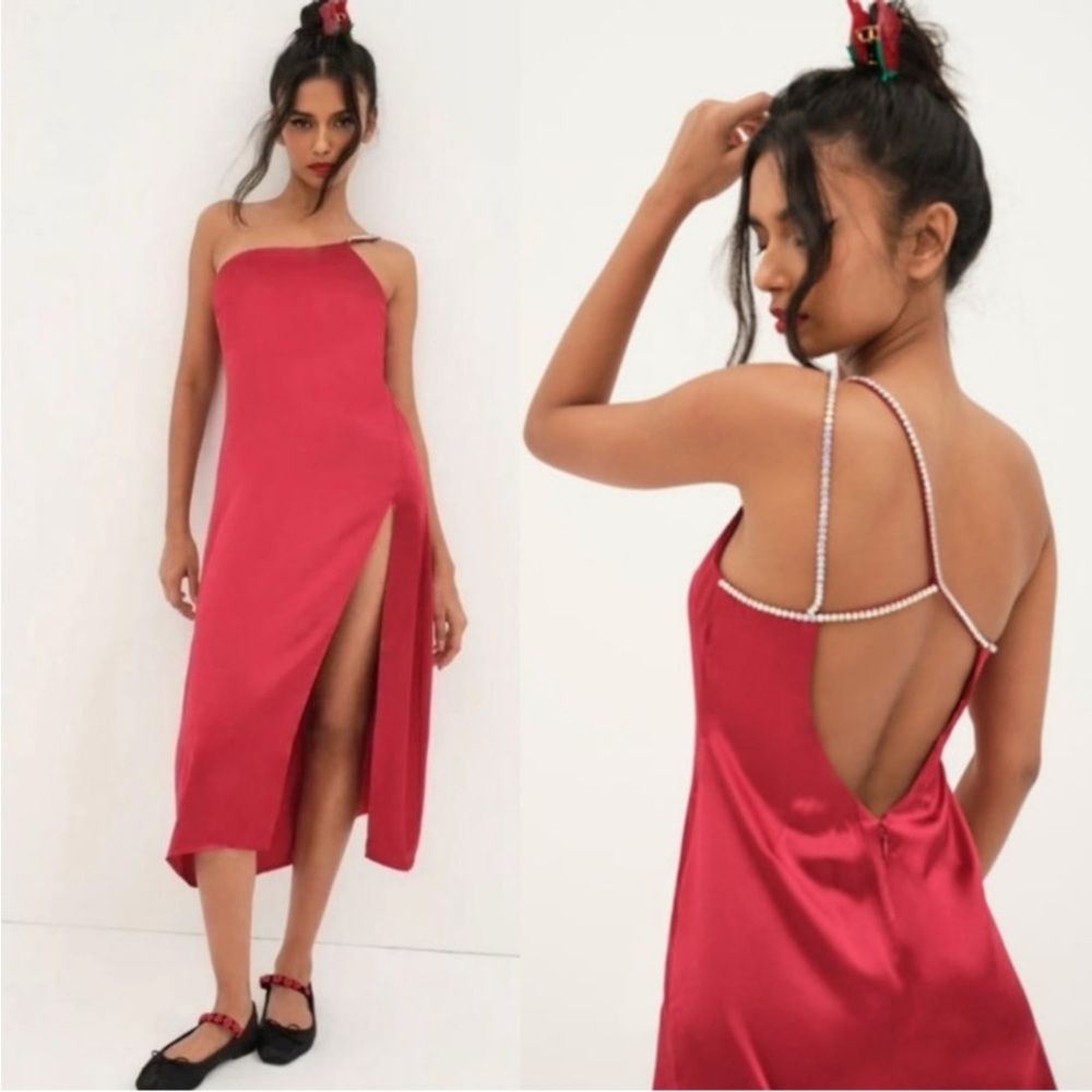 For Love And Lemons Elora Midi Dress in Red Large NWT Evening Party Slit Holiday